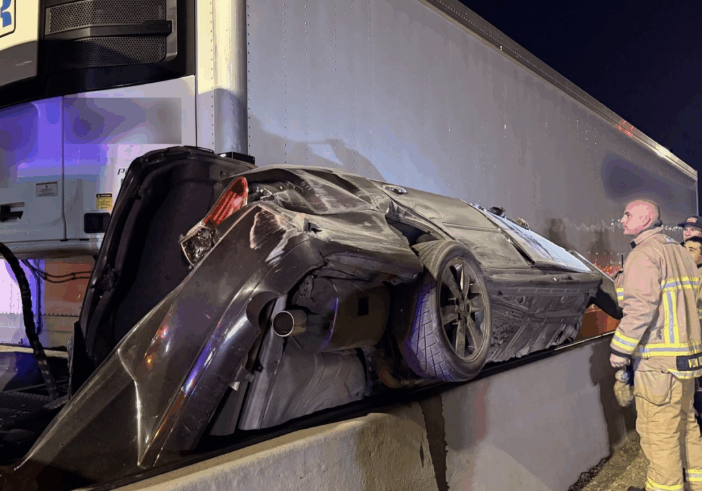 Car 'pancaked' in Tempe, Arizona after street racing on Loop 202. Photo Credited to the Arizona Department of Public Safety.