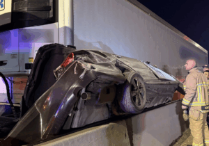 Car 'pancaked' in Tempe, Arizona after street racing on Loop 202. Photo Credited to the Arizona Department of Public Safety.